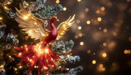 Stunning phoenix ornament featuring golden wings and ruby red body with embedded LED lights creating magical glow against evergreen branches and warm bokeh backgroundの素材