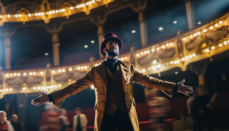 Theatrical performer in ornate Victorian costume with top hat stands triumphantly with outstretched arms in historic theater. Perfect for entertainment, arts, performance concepts.の素材
