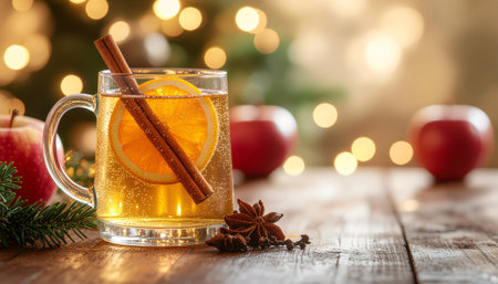 Golden apple cider with cinnamon stick and orange slice in clear glass mug. Festive holiday setting with red ornaments, pine branches, and warm bokeh lights creating cozy atmosphere.の素材