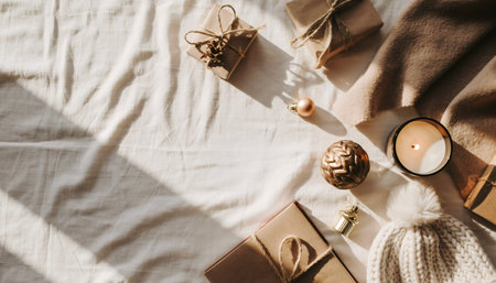 Sophisticated flat lay featuring wrapped presents, candle, ornaments and cozy textures on neutral backdrop. Perfect for seasonal marketing, gift guides, and holiday lifestyle content.の素材