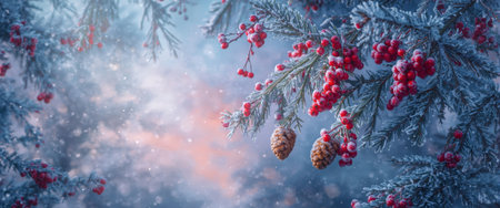Dreamy winter scene featuring ice-covered evergreen branches adorned with vibrant red berries and natural pinecones against soft bokeh background with falling snowの素材