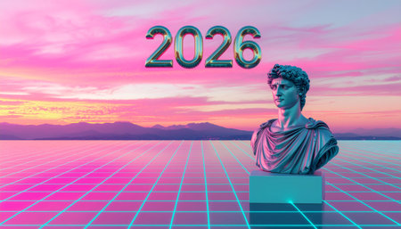 Retro-futuristic vaporwave scene featuring 2026 text and classical Roman statue bust on neon pink and teal grid floor. Perfect for New Year campaigns, synthwave projects, and nostalgiaの素材