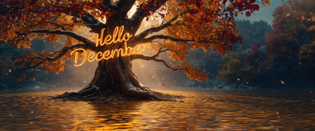 Magical winter scene featuring glowing Hello December text beneath a towering oak with golden autumn foliage. Cinematic lighting creates ethereal atmosphere perfect for seasonal marketing.の素材