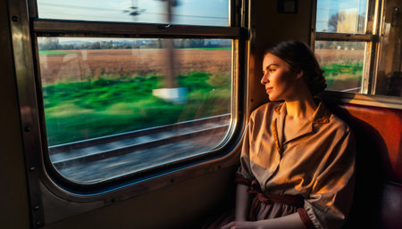 Thoughtful female passenger in beige coat looking through train window during scenic journey. Warm natural lighting creates nostalgic atmosphere.の素材