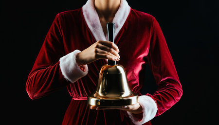 Sophisticated holiday portrait featuring woman in plush burgundy velvet robe with white fur trim, holding ornate brass bell.の素材