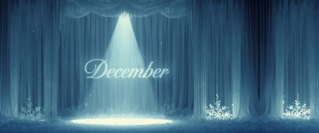 Cinematic theater stage with blue velvet curtains, bright spotlight beam, December text, and decorative snowflakes. Perfect for holiday events, winter campaigns, and seasonal marketing.の素材
