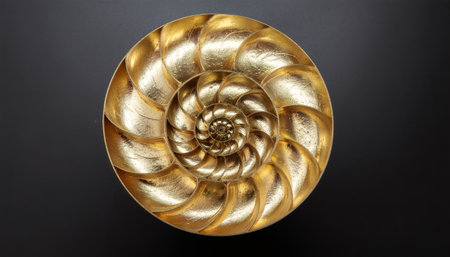 Stunning golden nautilus shell showcasing natural Fibonacci spiral pattern with metallic gold leaf finish. Perfect for luxury design, mathematics education, and nature concepts.の素材