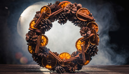 Artisanal holiday wreath crafted with dried citrus, pine cones, star anise and cinnamon on rustic wood surface. Perfect for seasonal marketing, home decor brands, and festive campaigns.の素材
