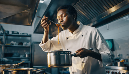 Professional chef in white uniform tasting delicious sauce from spoon in modern commercial kitchen. Perfect for culinary arts, restaurant industry, and food service marketing materials.の素材