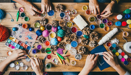 Top-down perspective of wooden table filled with paint, beads, pinecones, yarn, and craft materials. Multiple people's hands visible working on DIY projects in collaborative creative workspace.の素材