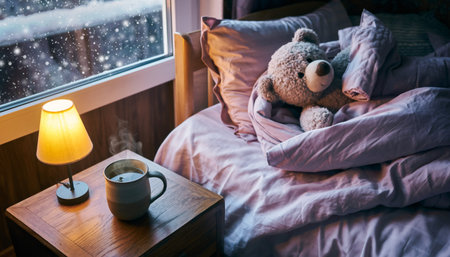 Cozy winter bedroom scene featuring warm lamp glow, steaming hot beverage, soft teddy bear on rumpled bedding with snowy window view. Perfect for wellness, comfort, and lifestyle content.の素材