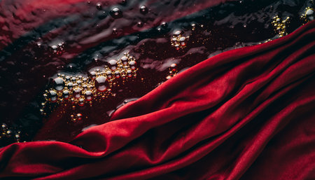 Dramatic red silk material flowing gracefully through shimmering golden oil droplets, creating an elegant abstract composition perfect for luxury branding, fashion backgrounds, or premium product...の素材