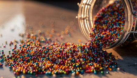 Colorful candy sprinkles spilling dramatically from clear glass bowl onto kitchen counter with warm bokeh lighting. Perfect for baking, confectionery, and culinary content.の素材