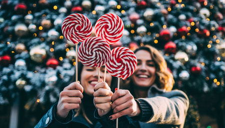 Two happy young women playfully display red and white striped lollipops in front of festive holiday tree. Perfect for seasonal marketing, friendship campaigns, and winter celebration content.の素材