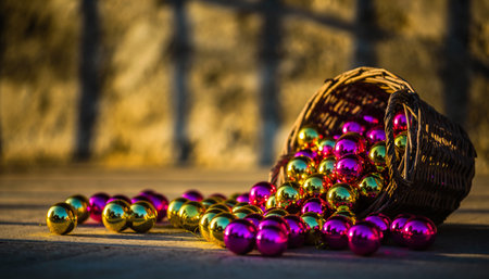 Festive holiday scene featuring colorful metallic baubles cascading from woven basket. Perfect for Christmas marketing, seasonal campaigns, and holiday decorating content.の素材
