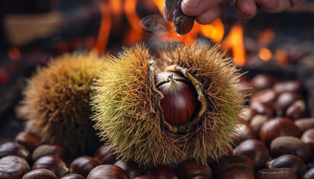 Cinematic close-up of fingers opening thorny chestnut husk exposing shiny mahogany seed. Cozy autumn scene with scattered nuts and crackling fire background.の素材