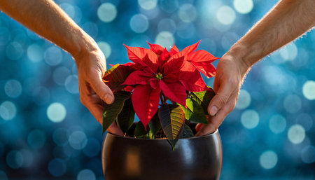 Two hands gently protecting a beautiful red poinsettia in dark pot with stunning blue bokeh lights. Perfect for holiday marketing, care concepts, gardening, and seasonal campaigns.の素材