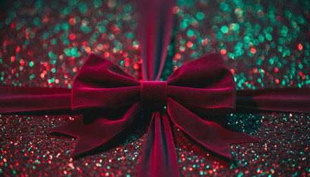 Elegant deep red velvet ribbon bow with sparkling glitter backdrop and colorful bokeh lighting effects. Perfect for Christmas, luxury branding, gift wrapping, and festive marketing campaigns.の素材