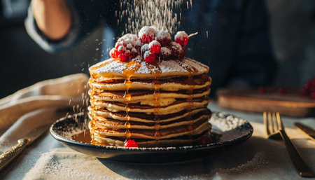 Tall stack of fluffy pancakes with maple syrup drizzle, fresh berries, and powdered sugar dusting. Elegant presentation on dark plate with warm lighting for breakfast or brunch marketing.の素材