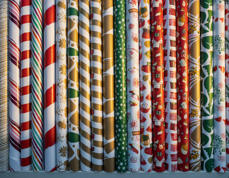 Vibrant collection of holiday gift wrap featuring stripes, snowflakes, reindeer, and seasonal motifs. Perfect for Christmas marketing, retail displays, and festive content.の素材