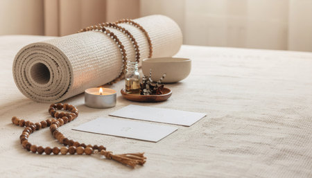 Peaceful meditation arrangement featuring rolled yoga mat, wooden mala beads, essential oils, candle, and mindfulness cards. Perfect for wellness, spirituality, and lifestyle content.の素材