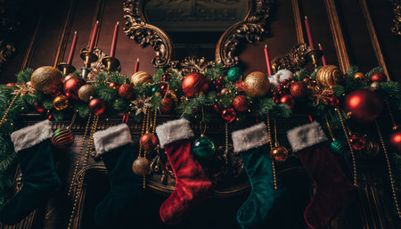 Luxurious holiday mantelpiece featuring colorful Christmas stockings, evergreen garland, ornate baubles, and glowing candles. Perfect for seasonal marketing, greeting cards, and festive content.の素材