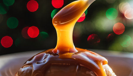 Rich amber caramel drizzling in elegant streams with colorful Christmas lights creating magical bokeh effect. Perfect for culinary marketing, dessert recipes, and seasonal advertising campaigns.の素材