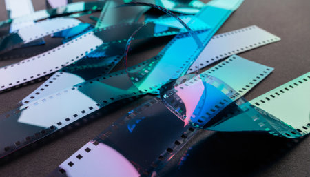 Artistic arrangement of translucent holographic film negatives displaying vibrant color shifts from blue to pink. Perfect for creative projects, design concepts, and modern artisticの素材