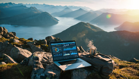 Open laptop displaying business analytics and data visualization on rocky mountain peak with breathtaking fjord views, steaming coffee cup, and golden hour lighting creating inspiring remote workの素材
