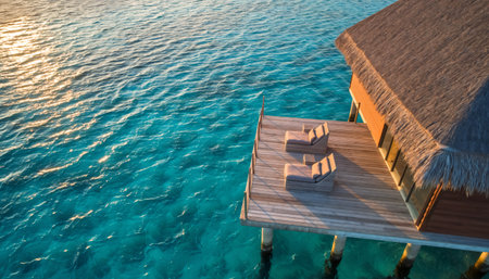 Stunning aerial view of tropical overwater villa featuring traditional thatched roof, wooden deck with lounge chairs, and crystal clear turquoise waters perfect for luxury travel marketingの素材