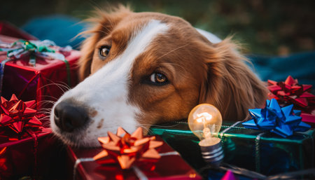Beautiful brown and white dog surrounded by wrapped presents with ribbons and bows, creating warm holiday atmosphere. Perfect for Christmas marketing, pet products, seasonal campaigns.の素材