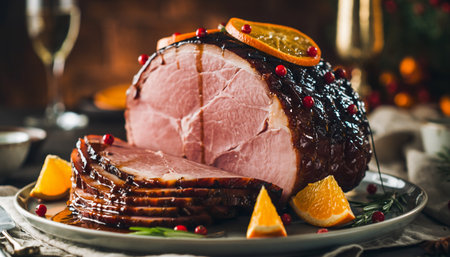 Beautifully glazed spiral-cut ham with glossy caramelized coating, fresh orange slices and cranberry garnish. Perfect for holiday marketing, restaurant menus, and festive dining content.の素材