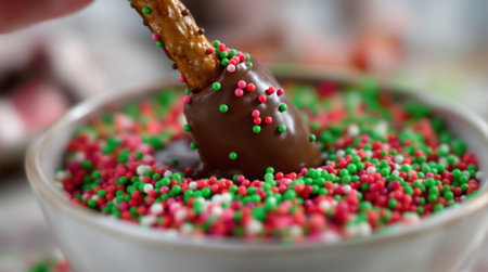 Close-up of chocolate-dipped pretzel being coated with colorful red, green, and white nonpareil sprinkles. Perfect for holiday baking, Christmas treats, and festive dessert content.の素材