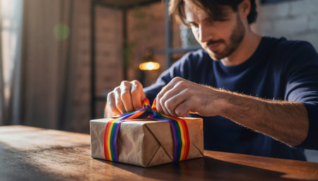 Man's hands delicately securing colorful LGBTQ+ pride ribbon on kraft paper wrapped present. Warm ambient lighting creates intimate atmosphere perfect for holiday, birthday, celebration themes.の素材