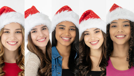 Diverse group of five young women in Christmas Santa hats smiling warmly at camera. Perfect for holiday marketing, diversity campaigns, seasonal advertising, and youth-focused content.の素材