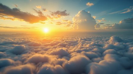 Stunning aerial view above fluffy white clouds during golden hour sunrise. Dramatic cinematic lighting with warm orange and blue tones.の素材