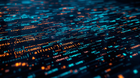 Dynamic programming code interface with glowing syntax highlighting in blue and orange. Perfect for technology presentations, software development, and digital innovation content.の素材