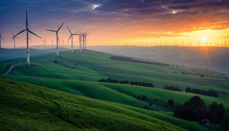 Cinematic landscape showcasing modern wind farm across undulating green hills at dramatic sunset. Perfect for renewable energy, sustainability, environmental, and clean technology campaigns.の素材