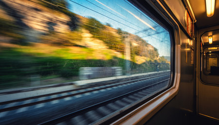 Captivating view from inside moving train with dramatic motion blur effect. Golden hour lighting illuminates blurred countryside landscape through large window, perfect for travel and transportatio...の素材