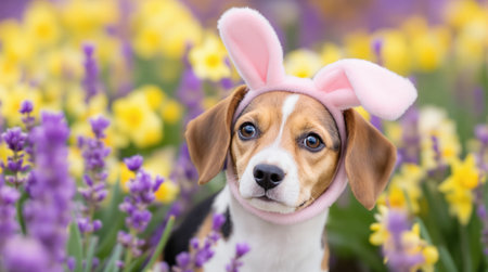 Charming beagle dog with pink rabbit ears costume poses in colorful flower field. Perfect for Easter marketing, pet product advertising, spring campaigns, and holiday greeting cards.の素材