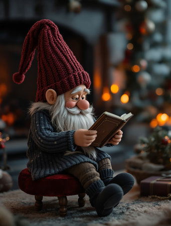 Whimsical Christmas gnome with red knitted hat and white beard sits reading book near illuminated tree. Warm bokeh lighting creates magical holiday atmosphere perfect for seasonal marketing.の素材