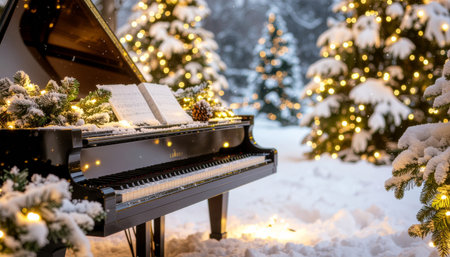 Elegant black grand piano decorated with snowy pine garland and warm lights, surrounded by snow-covered Christmas trees with golden bokeh illumination in magical winter sceneの素材