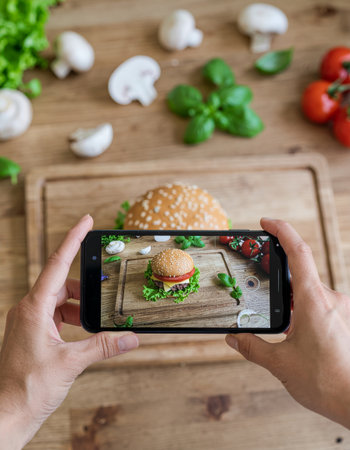 Mobile food styling concept with hands holding phone to photograph artisanal hamburger surrounded by fresh tomatoes, mushrooms and basil on wooden surfaceの素材