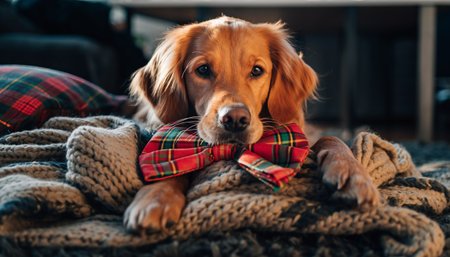 Charming golden retriever dog with red and green tartan bow tie resting on textured knit blanket. Perfect for holiday marketing, pet accessories, Christmas campaigns, and seasonal content.の素材