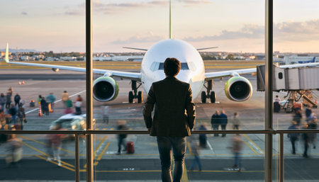 Professional businessman silhouetted against airport terminal window watching aircraft preparation during golden hour. Perfect for travel, business, aviation, and corporate themes.の素材