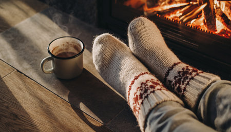 Feet in festive knitted socks with Nordic patterns relaxing by glowing fireplace. Steaming mug nearby on wooden floor. Captures hygge lifestyle and seasonal comfort for holiday marketing.の素材
