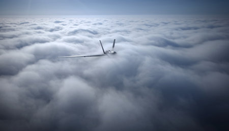 Military stealth aircraft breaking through thick cloud cover in moody atmospheric conditions. Perfect for defense industry, aviation technology, and cinematic projects requiring dramatic aerial...の素材