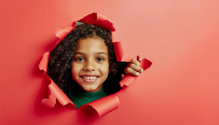 Happy young child with curly hair and green sweater smiling through ripped paper opening. Vibrant coral backdrop creates playful, creative concept perfect for advertising, education, and family...の素材