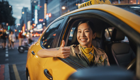 Smiling Asian female taxi driver showing positive thumbs up hand gesture from yellow cab window in urban evening setting with bokeh city lights and traffic backgroundの素材