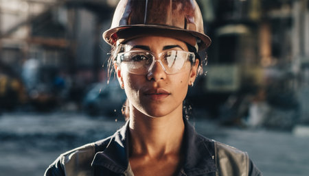 Professional portrait of confident woman construction worker in hard hat and safety glasses at industrial site. Dramatic lighting emphasizes strength and determination in manufacturing environment.の素材